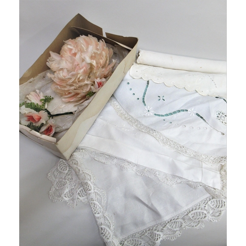 106B - Flamingo feather floral headdress with original box, together with a small quantity of linen