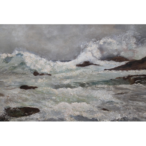 1199 - Late 19th / early 20th Century oil on canvas, coastal scene with breaking waves, unsigned, 12ins x 2... 