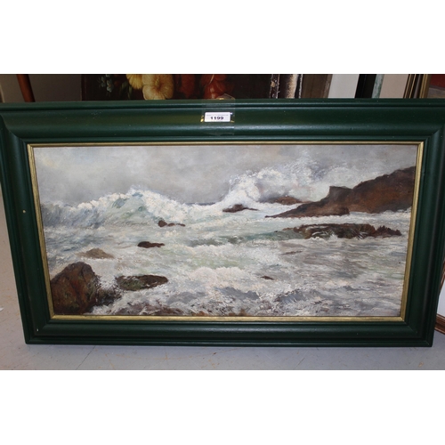 1199 - Late 19th / early 20th Century oil on canvas, coastal scene with breaking waves, unsigned, 12ins x 2... 