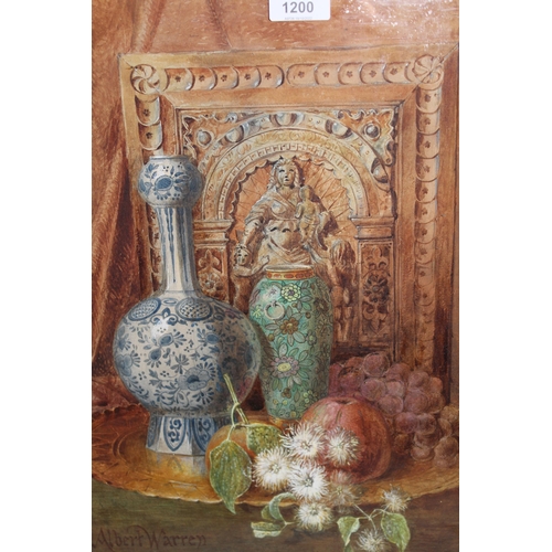 1200 - Albert Warren, watercolour, still life, fruit, pottery, flowers and a carved oak plaque on a table t... 