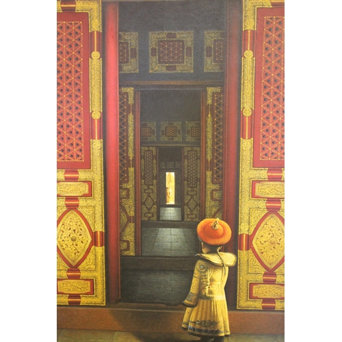 1201 - Modern oil on canvas, the boy emperor standing before the doors to the Imperial Palace, indistinctly... 