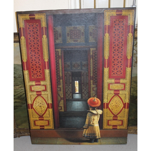 1201 - Modern oil on canvas, the boy emperor standing before the doors to the Imperial Palace, indistinctly... 