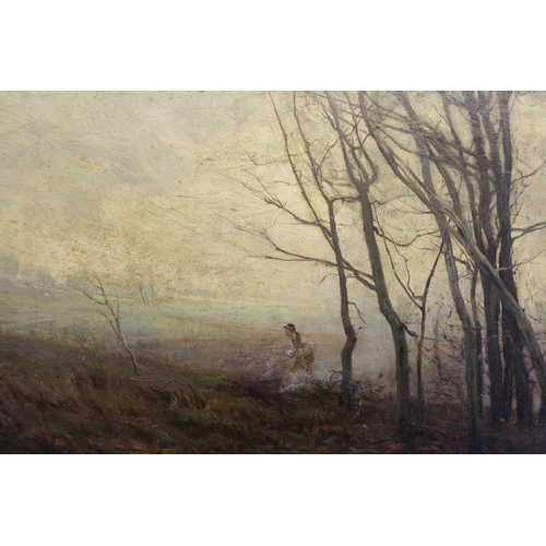 1202 - William Tatton Winter, oil on board, figure tending a bonfire in a windswept landscape, signed Tatto... 