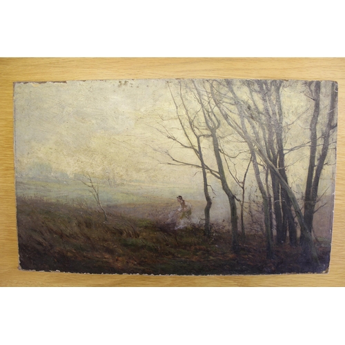 1202 - William Tatton Winter, oil on board, figure tending a bonfire in a windswept landscape, signed Tatto... 