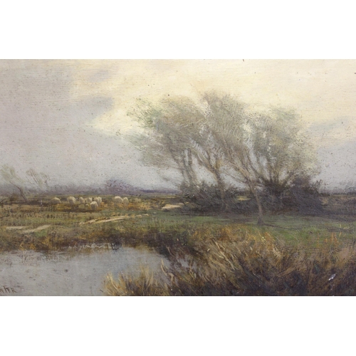 1203 - William Tatton Winter, oil on board, windswept landscape with sheep, trees and water, signed Tatton ... 