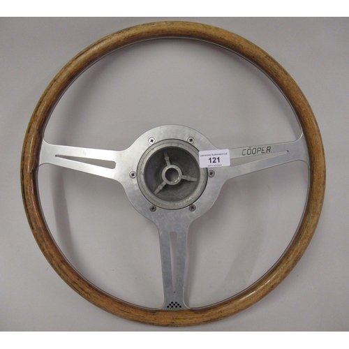 121 - Mid 20th Century wood and aluminium sports steering wheel engraved ' Cooper ', 15ins diameter