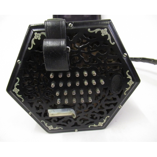 131 - Wheatstone & Co. forty eight button concertina, the pierced ebony end caps with engraved steel inlay... 