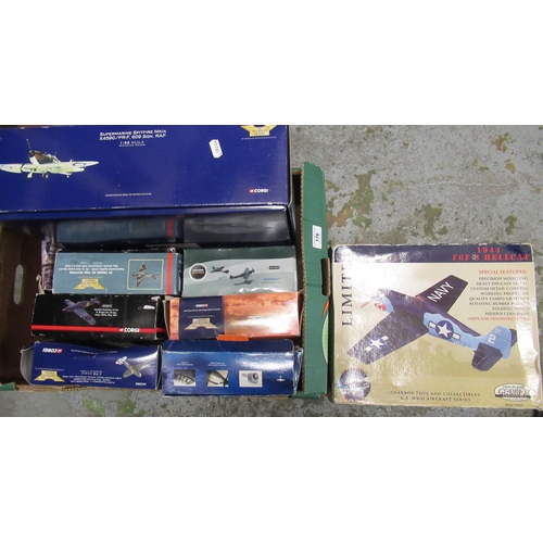 176 - Box containing eight Corgi Aviation Archive 1/72 scale models and 1/32 scale model Spitfire, boxed