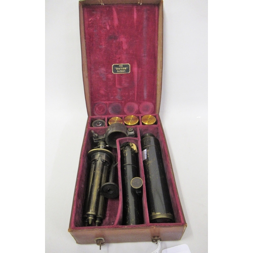 196 - Early 20th Century leather cased portable telescope with tripod, ' Davon ' patent, the hinged case l... 