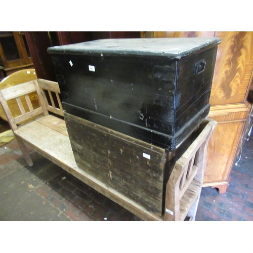 2007 - 19th Century black painted pine trunk, together with another pine trunk