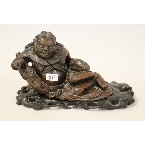 2017 - 19th Century Chinese root carving, seated man holding a fish, 13ins wide