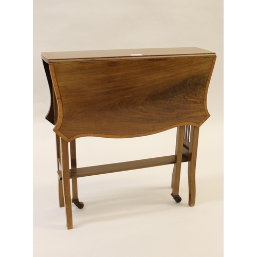 2019 - Edwardian mahogany satinwood crossbanded and line inlaid drop-leaf Sutherland table, on slatted end ... 