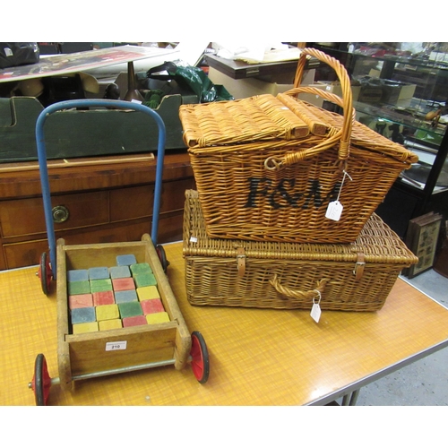 210 - Child's mid 20th Century push-along cart, together with a quantity of wooden building blocks, Fortnu... 