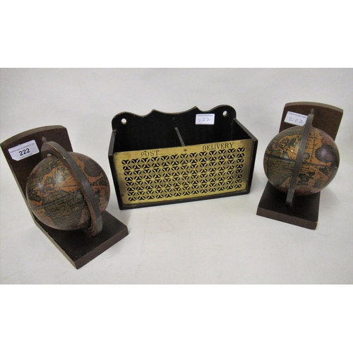 222 - Victorian brass and ebonised posting box, together with a pair of Italian globe form bookends