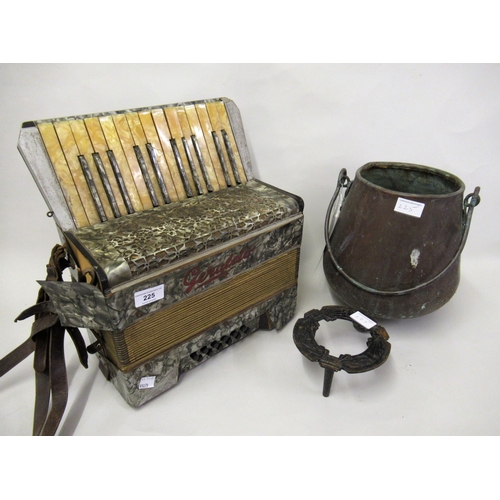 225 - Early to mid 20th Century piano accordion, (at fault), copper swing handled pot and a iron trivet