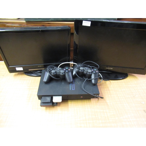 280 - Playstation 2 with two controllers and leads, quantity of boxed gaming items, small Alba flat screen... 