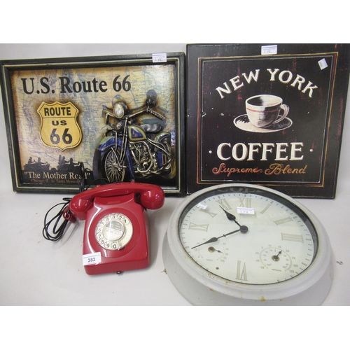 282 - Red 1970's telephone, a garden wall clock, New York coffee sign and a US Route 66 sign