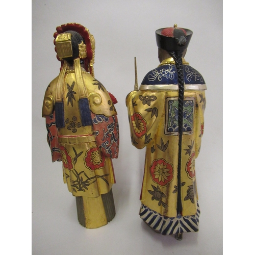 307 - Pair of late 19th / early 20th Century Chinese carved lacquer gilt and polychrome decorated figures ... 