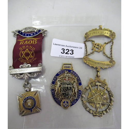 323 - Silver and enamel masonic medallion, silver and enamel Royal Order of Buffalos medallion, and anothe... 