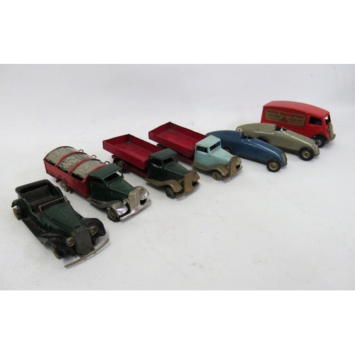 344 - Group of seven various Minic tinplate vehicles, including two racing cars and four lorries