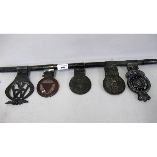 346 - Early Automobile car badge bar with five various badges, including RAC and AA