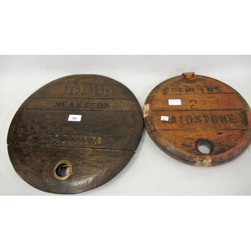 351 - Two oak cask lids for Fremlins & Theakston ales