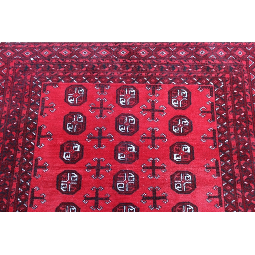 38 - Afghan rug with three rows of eleven gols, with multiple borders on a wine ground, 79ins x 59ins