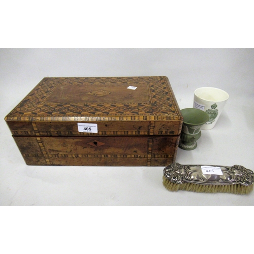 405 - Victorian walnut and parquetry inlaid fold-over writing slope, an Edward VII coronation mug, small W... 