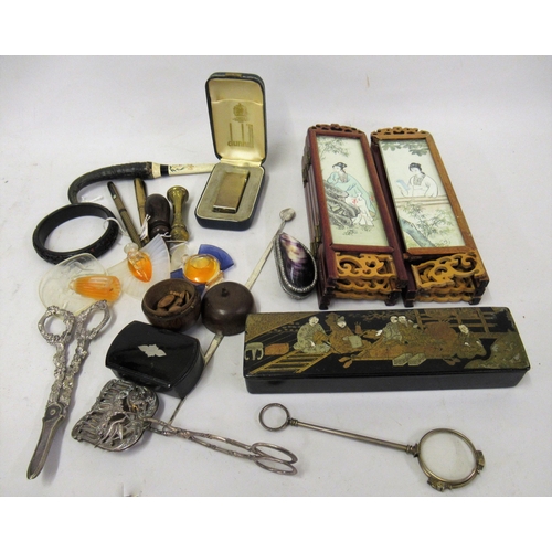 411 - Pair of brass lorgnette, chinoiserie decorated pen box, and sundry miscellaneous items