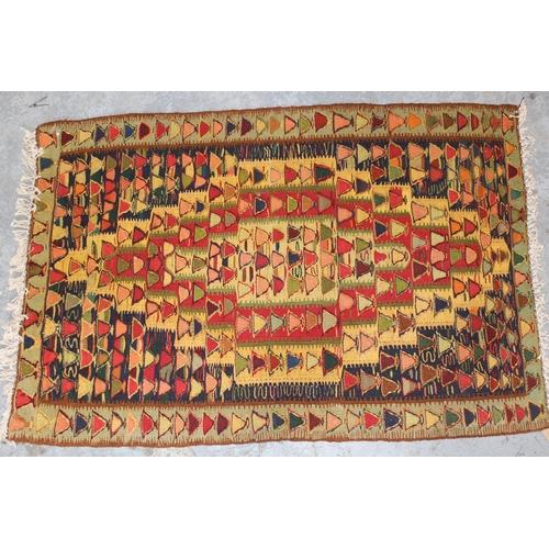 6 - Small Kelim rug with an all-over polychrome design, 3ft 4ins x 2ft 2ins approximately together with ... 