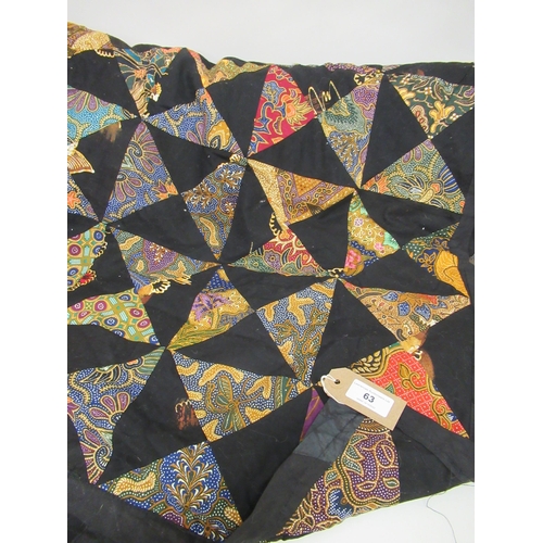 63 - Modern patchwork table cover / bedspread worked with alternating black and polychrome triangles, 8ft... 