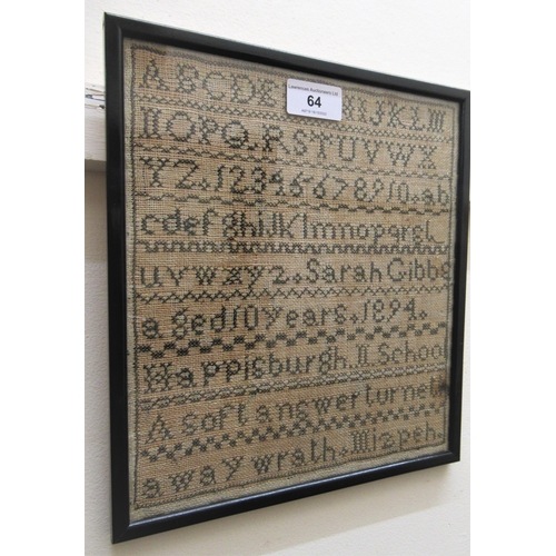 64 - 19th Century needlework sampler together with two others