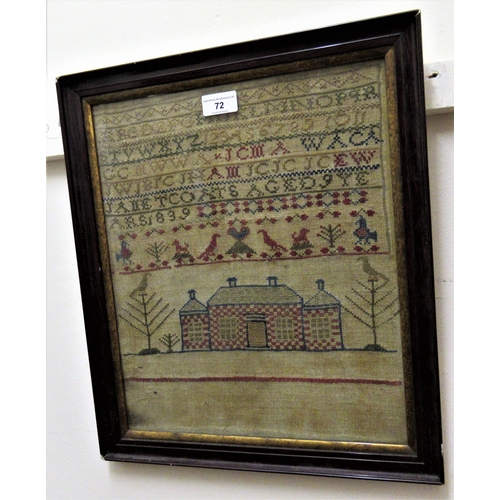 72 - Early 19th Century alphabetical and pictorial sampler by Janet Coats, aged 9, dated 1839, 15ins x 12... 