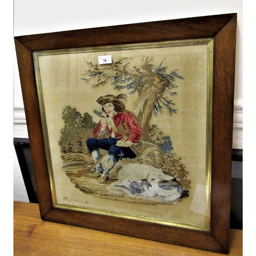 76 - 19th Century woolwork picture of seated man with dog under a tree, signed M. Smith, dated 1858 in an... 