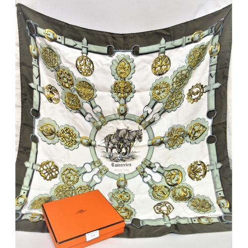 90A - Hermes, Paris, silk scarf ' Cuivreries ' designed by Francoise de la Perriere, 85cms square, in a He... 