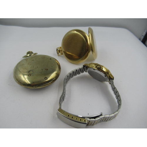 956 - Omega silver plated pocket watch (at fault), together with a Breil gold plated pocket watch and a Br... 