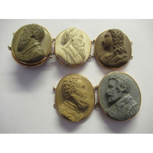 908 - 19th Century six panel lava cameo bracelet set in yellow metal, the individual panels approximately ... 