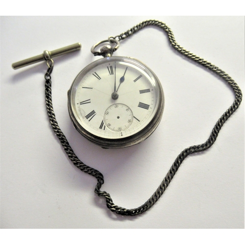 916 - London silver cased open face pocket watch (at fault) on a later guard chain