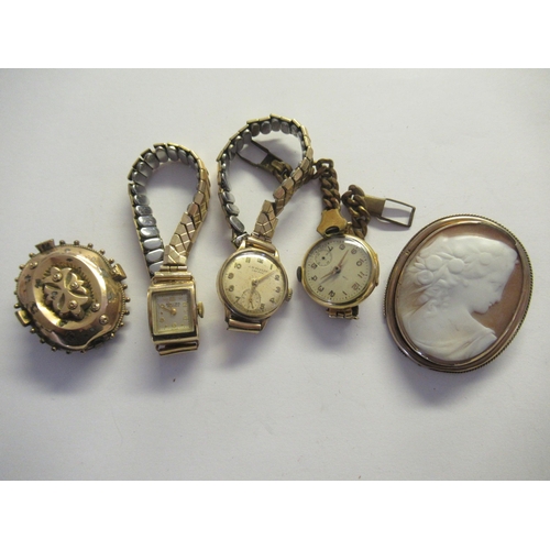 919 - Three ladies gold cased wristwatches with metal bracelets, together with two Victorian yellow metal ... 