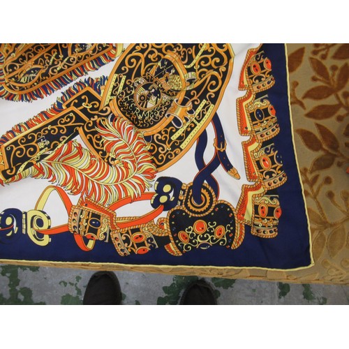 88 - Large Hermes silk scarf / shawl, ' Sous L' Egide de Mars ', 126cm square, with a Hermes box together... 