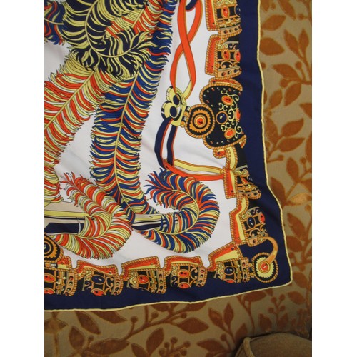 88 - Large Hermes silk scarf / shawl, ' Sous L' Egide de Mars ', 126cm square, with a Hermes box together... 