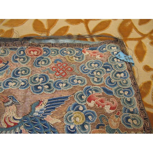 106 - Group of five Chinese panels, embroidered with exotic birds (one at fault)