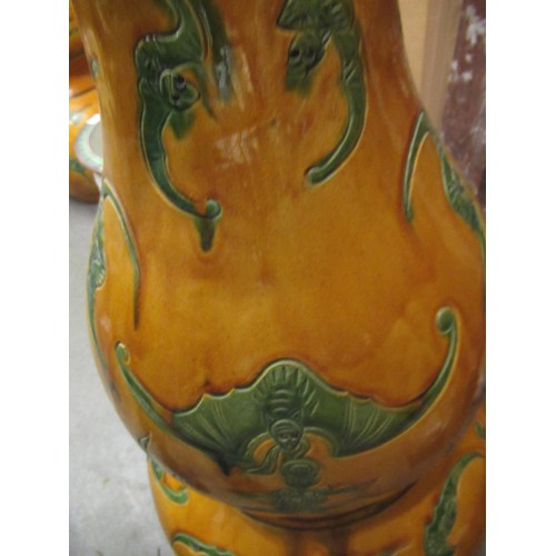 536 - Pair of large 20th Century Chinese pottery gourd shaped vases, decorated with bats in green on a mot... 