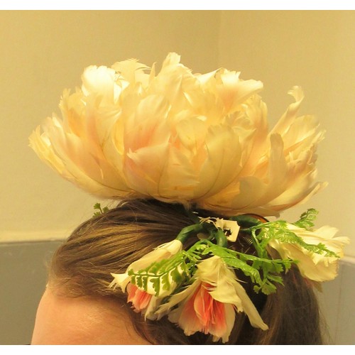 106B - Flamingo feather floral headdress with original box, together with a small quantity of linen