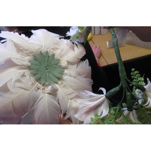 106B - Flamingo feather floral headdress with original box, together with a small quantity of linen