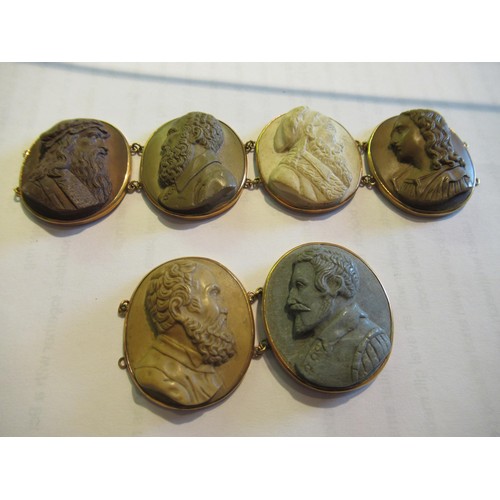 908 - 19th Century six panel lava cameo bracelet set in yellow metal, the individual panels approximately ... 