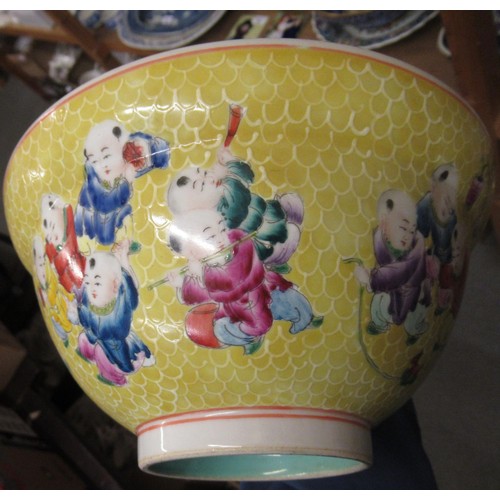 540 - 20th Century Chinese flared rim bowl, decorated with children on a yellow fish scale ground, signed ... 