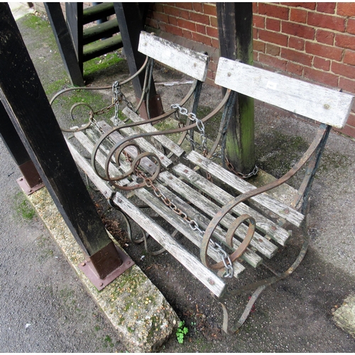 2315C - Pair of 19th Century wrought iron, wooden slatted garden elbow chairs