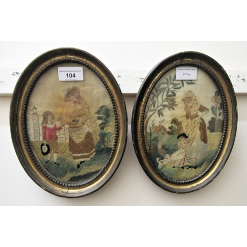 104 - Pair of late 18th Century Berlin silkwork pictures, each of a mother and child in a landscape, 8ins ... 