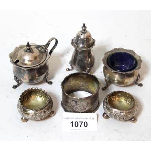 1070 - Pair of small silver salts, three piece condiment set, and silver napkin ring